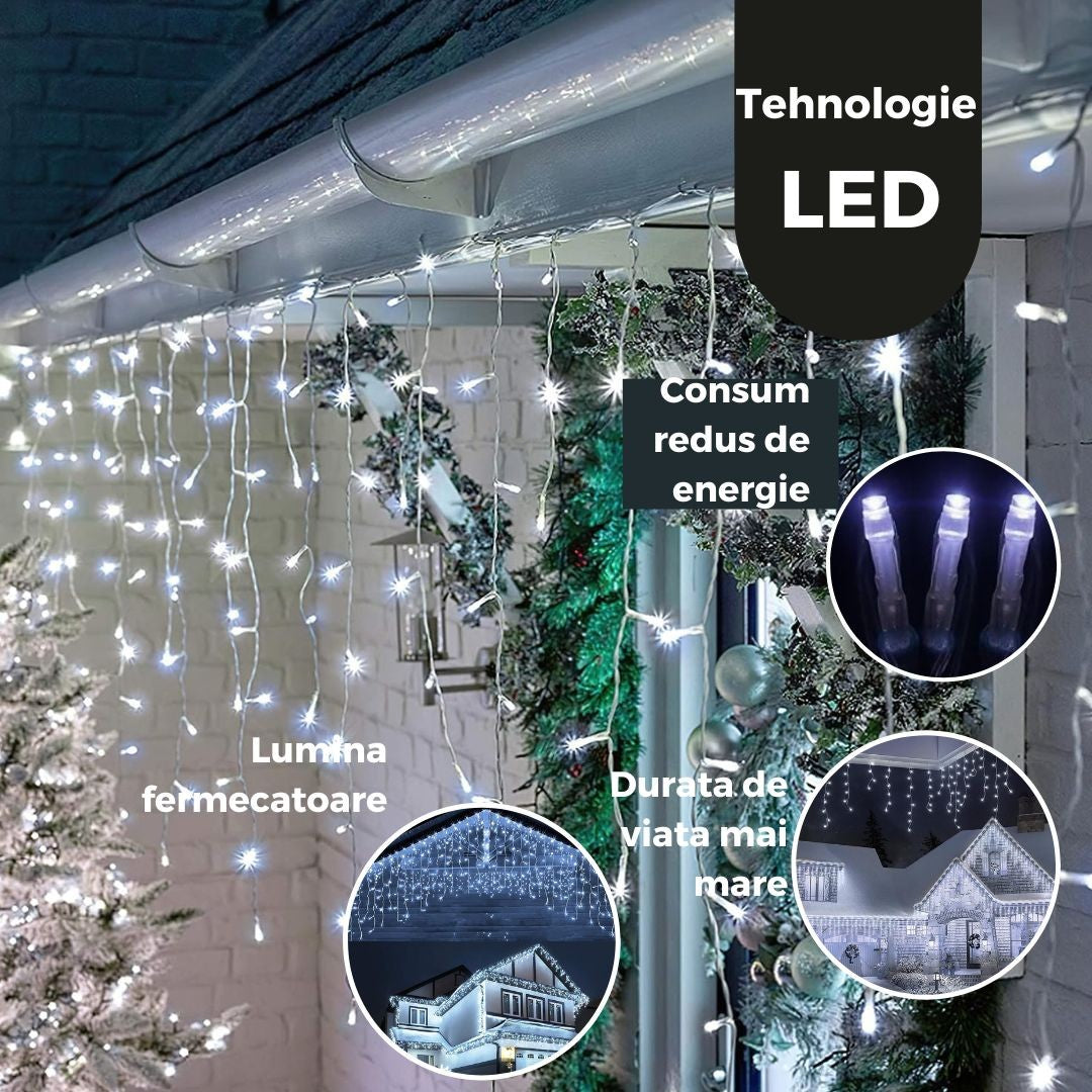 Instalație de Crăciun tip Franjuri/Turturi 4m , 120 LED-uri, 8 jocuri de lumini, INTERCONECTABILA, Lumina Alb Rece