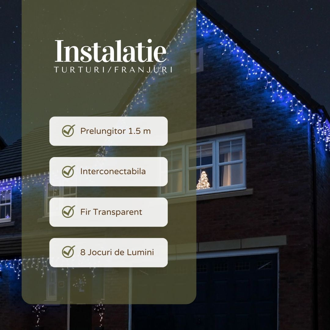 Instalație de Crăciun tip Franjuri/Turturi 4m , 120 LED-uri, 8 jocuri de lumini, INTERCONECTABILA, Lumina Albastra