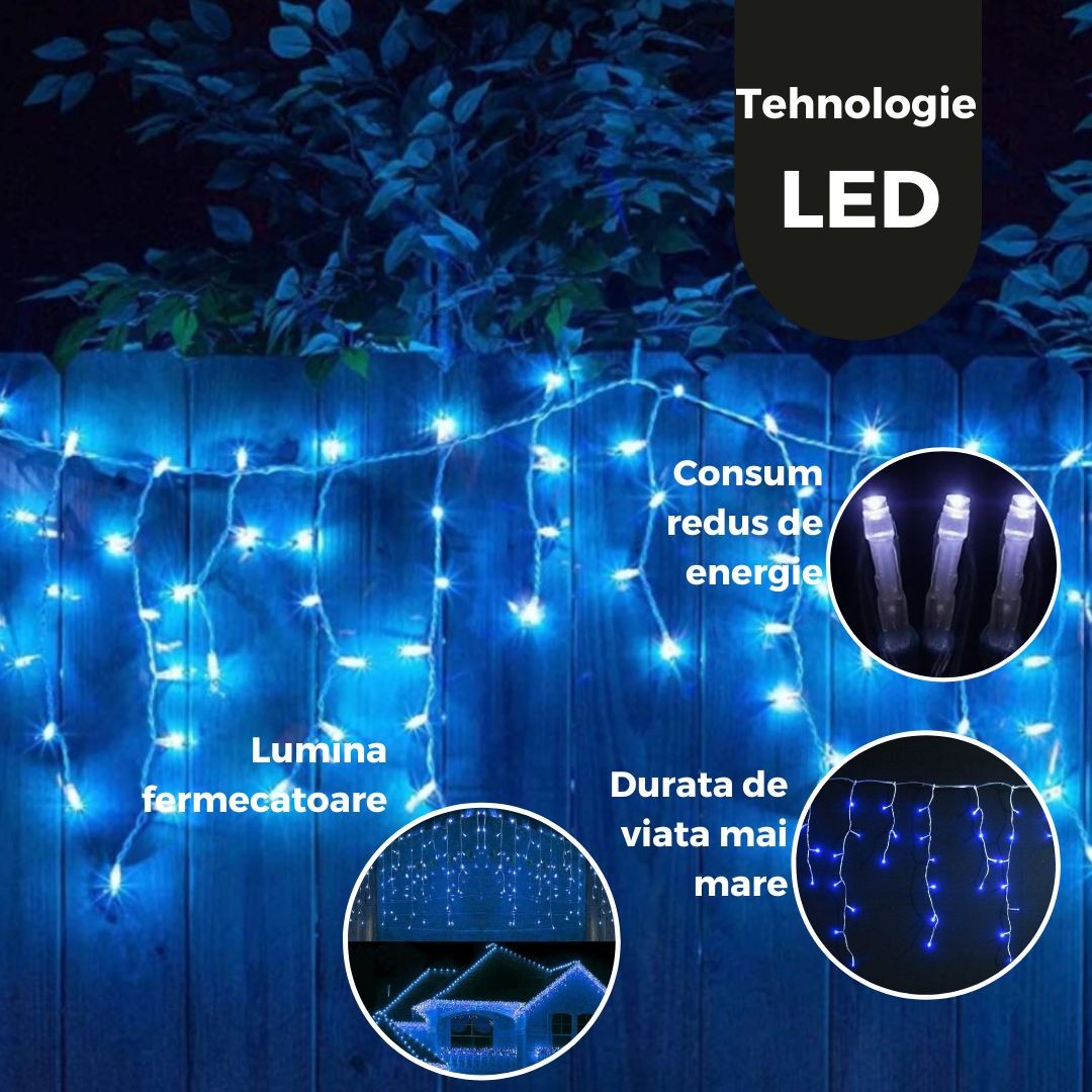 Instalație de Crăciun tip Franjuri/Turturi 12m , 300 LED-uri, 8 jocuri de lumini, INTERCONECTABILA, Lumina Albastra