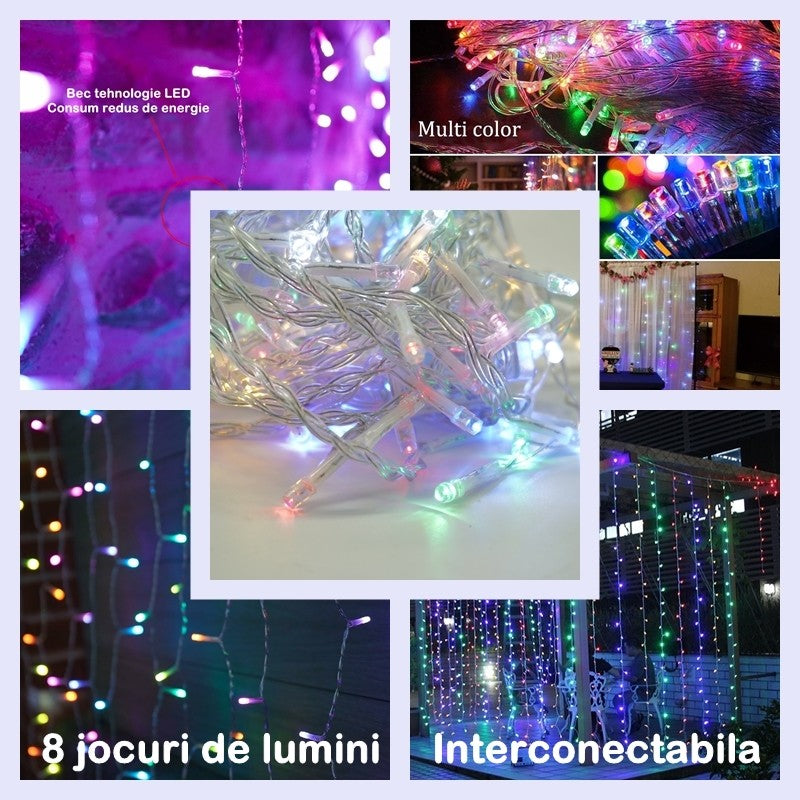 Instalație de Crăciun tip Perdea 3m x 3m, 320 LED-uri, 8 jocuri de lumini, INTERCONECTABILA, Lumina Multicolora