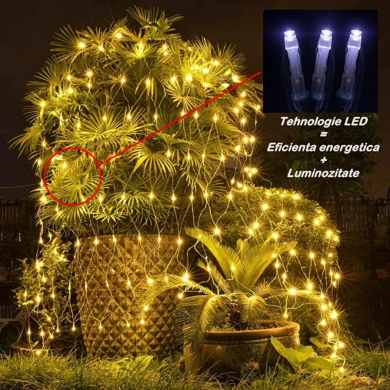 Instalație de Crăciun tip Plasa, 2m x 2m, 160 LED-uri, 8 jocuri de lumini, interconectabila, Lumina Alb Cald