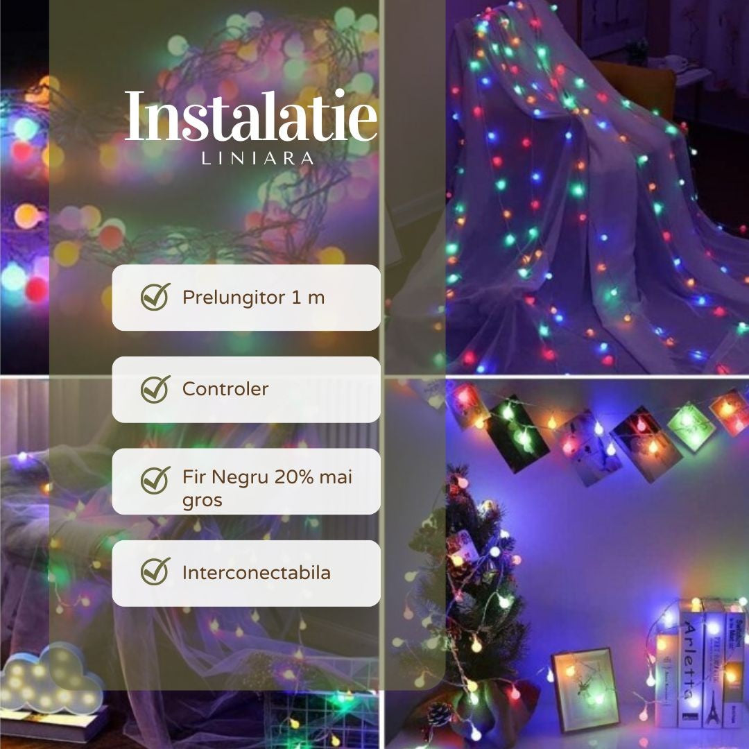 Instalație de Crăciun Liniara RGRB 9m, 40 LED model muguri mati, interconectabila, Lumina Multicolora
