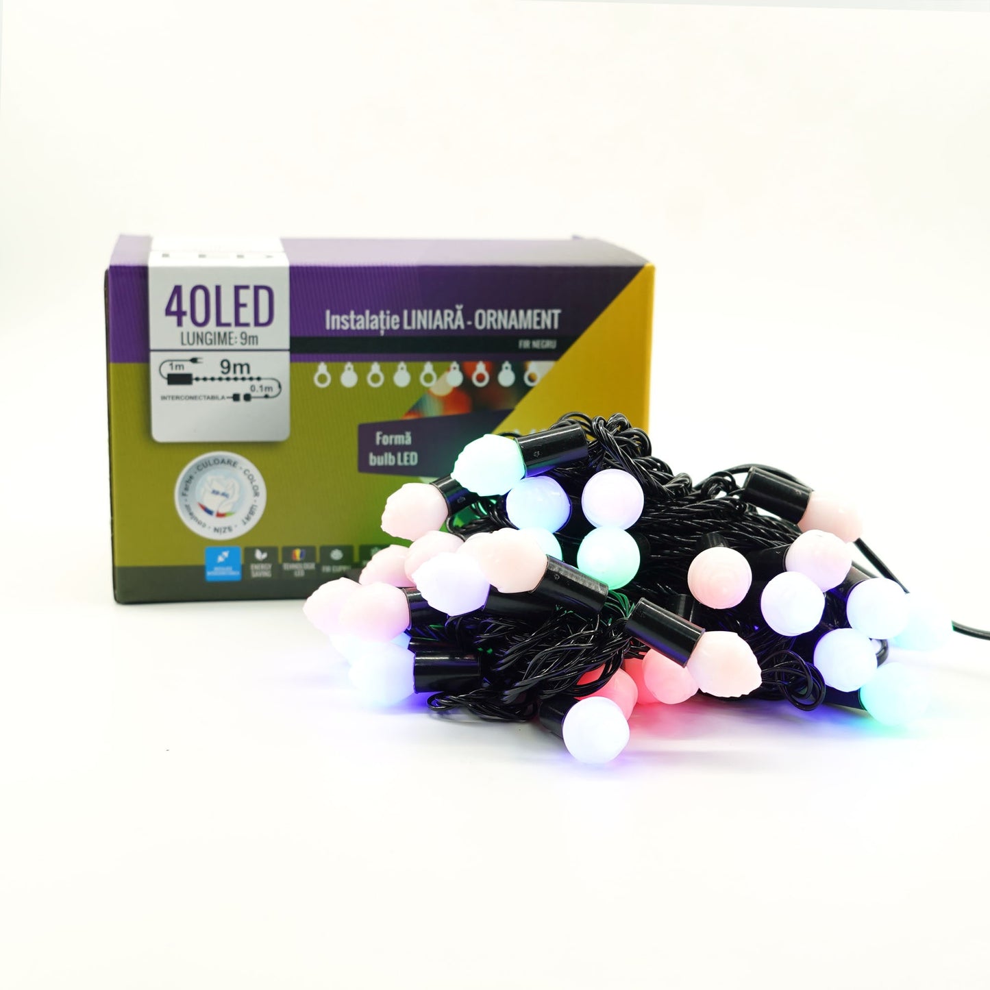 Instalație de Crăciun Liniara RGRB 9m, 40 LED model muguri mati, interconectabila, Lumina Multicolora