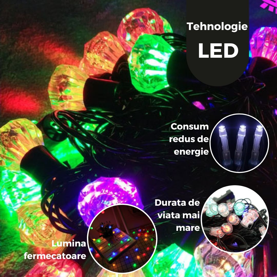 Instalație de Crăciun Liniara RGRB, 10 M , 40 LED , Model Diamant , Interconectabila , Lumina Multicolora