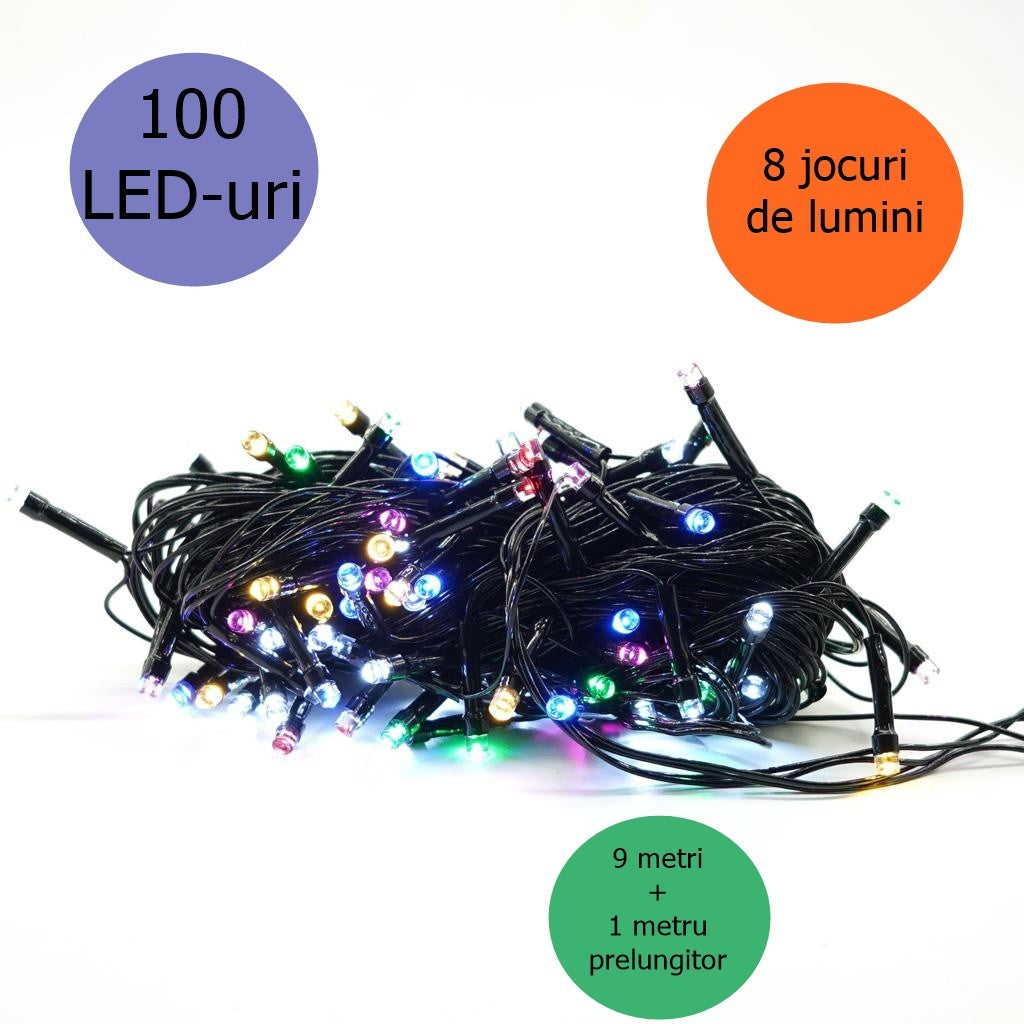 Instalație de Crăciun Liniara 9 m , 1 m cablu alimentare, 8 jocuri de lumini, 100 LED Multicolor