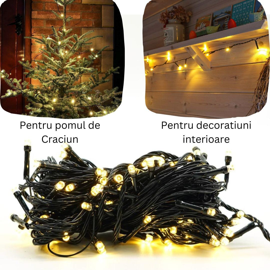 Instalație de Crăciun Liniara 9 m , 1 m cablu alimentare, 8 jocuri de lumini, 100 LED Alb cald