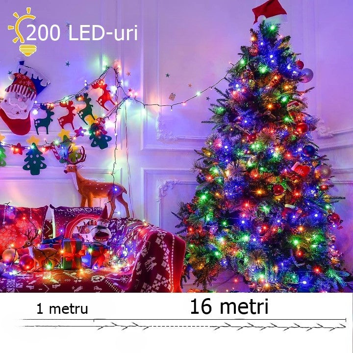 Instalație de Crăciun Liniara 16 m, 200 LED, 8 jocuri de lumini, beculeț in 6 colțuri, Lumina Multicolora