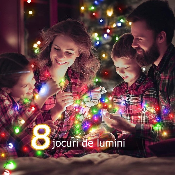 Instalație de Crăciun Liniara 16 m, 200 LED, 8 jocuri de lumini, beculeț in 6 colțuri, Lumina Multicolora