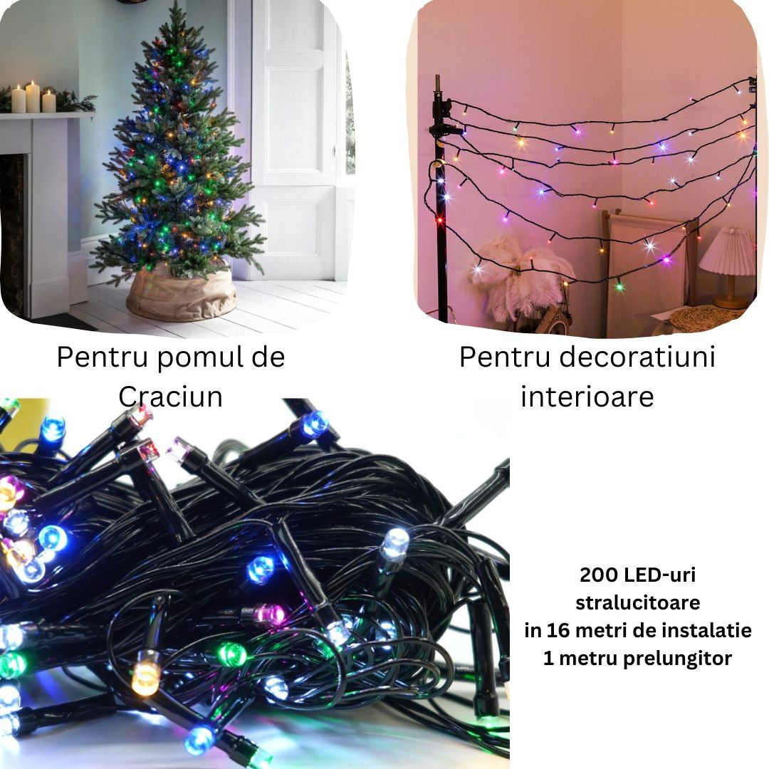 Instalație Crăciun liniara, 16m , 200 LED, 8 jocuri de lumini, Lumina Multicolora