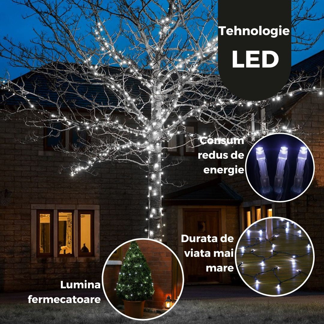 Instalație de Crăciun Liniara 49m , 498 LED, 8 jocuri de lumini, Protecție Anti-Inghet, Lumina Alb Rece