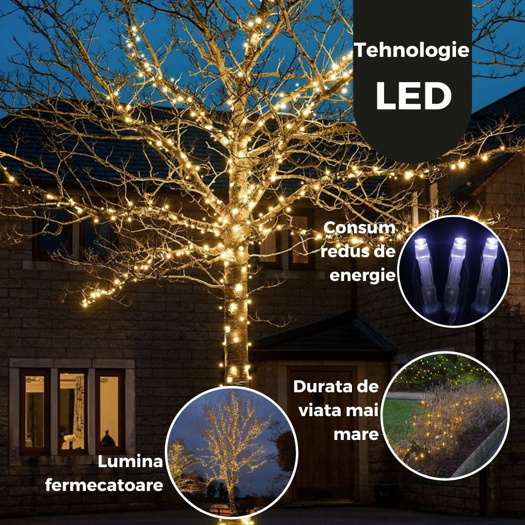 Instalație de Crăciun Liniara 49 M , 498 LED, 8 jocuri de lumini, PROTECTIE ANTI-INGHET, Lumina Alb Cald
