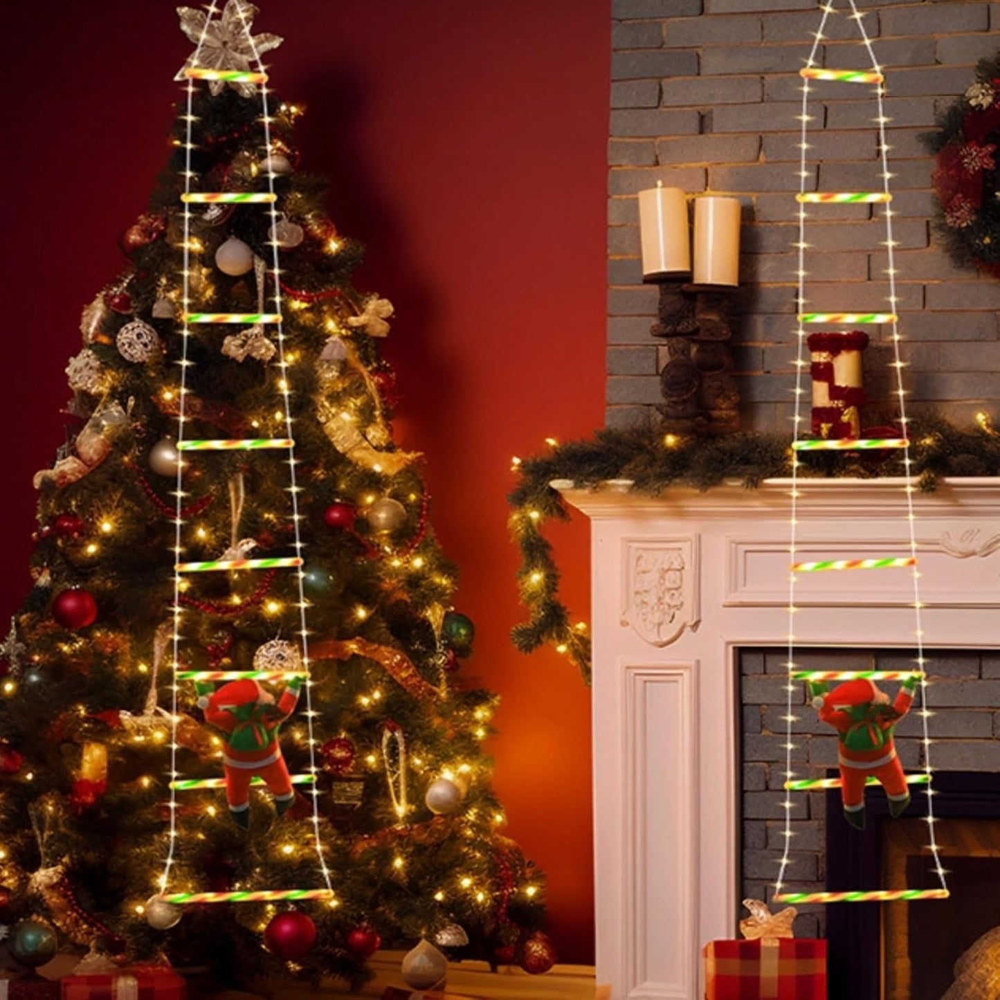 Instalație LED de Crăciun, cu Accesorii, Lumină Caldă, Lungime 1.5m, 120 de Luminite, 8 Moduri, Model Moș Crăciun pe Scară, Multicolor