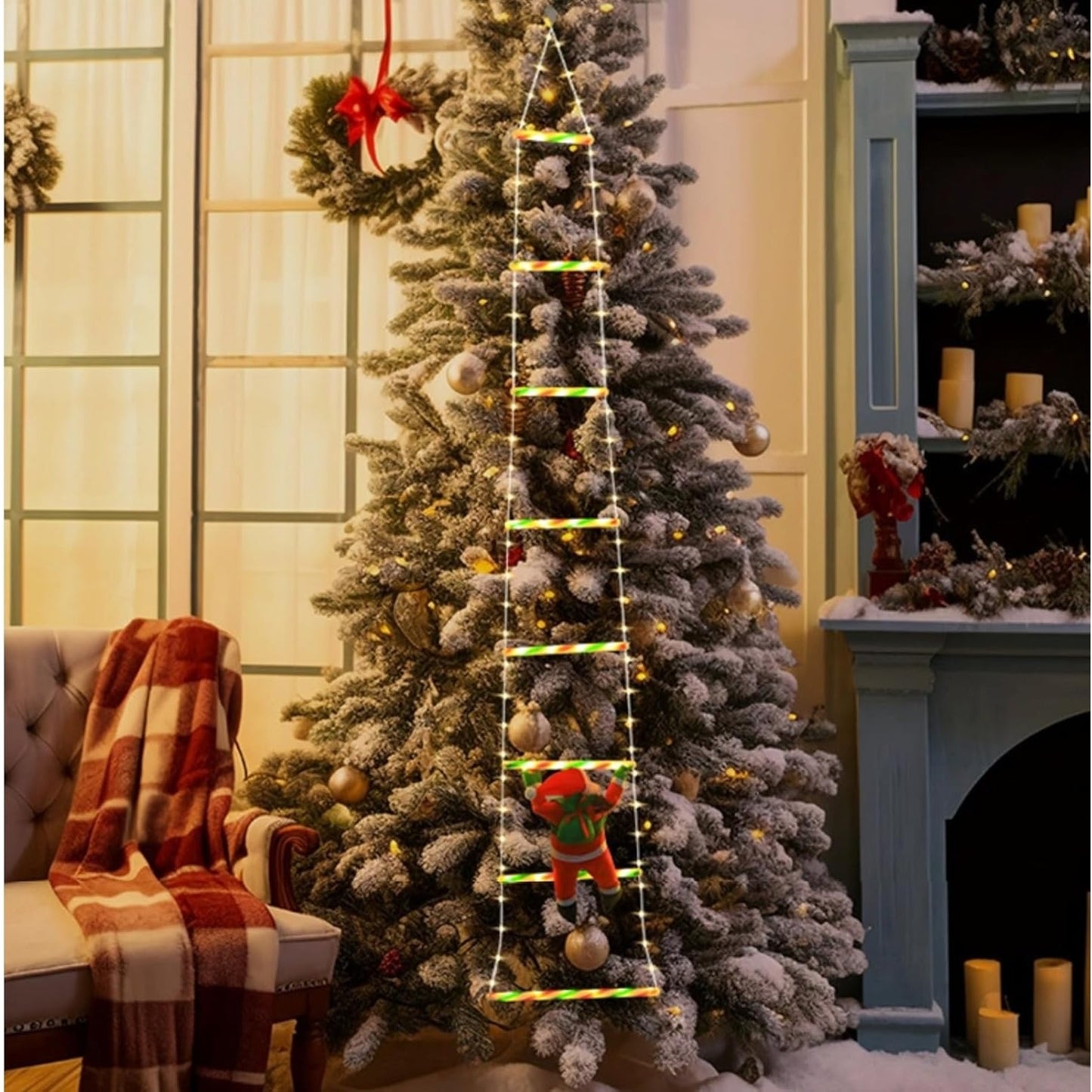 Instalație LED de Crăciun, cu Accesorii, Lumină Caldă, Lungime 1.5m, 120 de Luminite, 8 Moduri, Model Moș Crăciun pe Scară, Multicolor