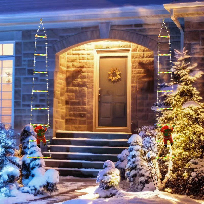 Instalație LED de Crăciun, cu Accesorii, Lumină Caldă, Lungime 1.5m, 120 de Luminite, 8 Moduri, Model Moș Crăciun pe Scară, Multicolor