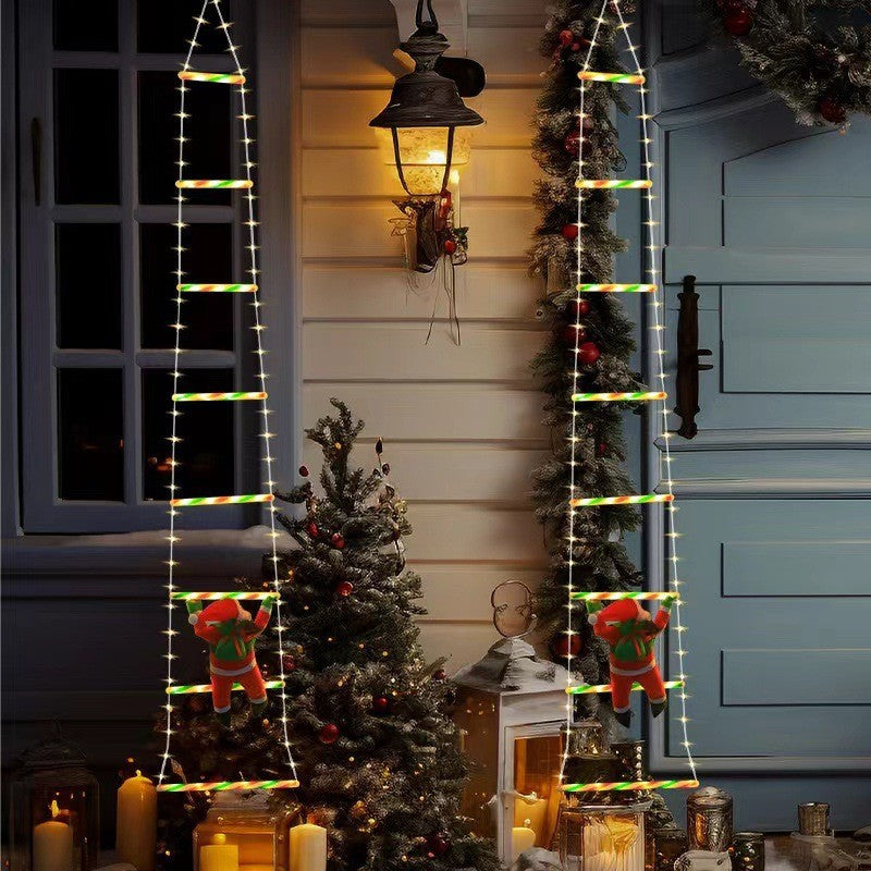 Instalație LED de Crăciun, cu Accesorii, Lumină Caldă, Lungime 1.5m, 120 de Luminite, 8 Moduri, Model Moș Crăciun pe Scară, Multicolor