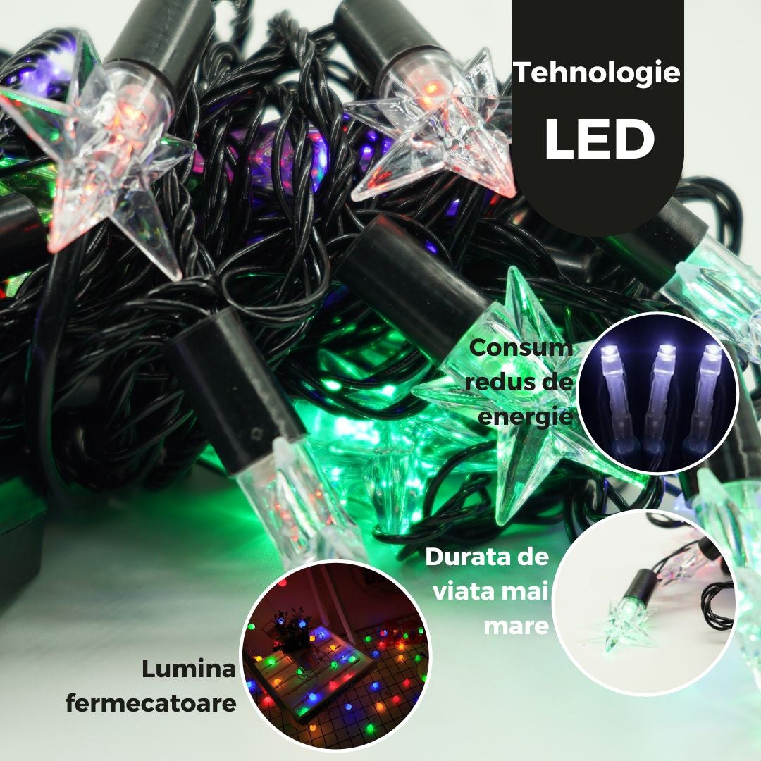 Instalație de Crăciun Liniara 9m, 40 LED model Steluțe, Lumina Multicolora