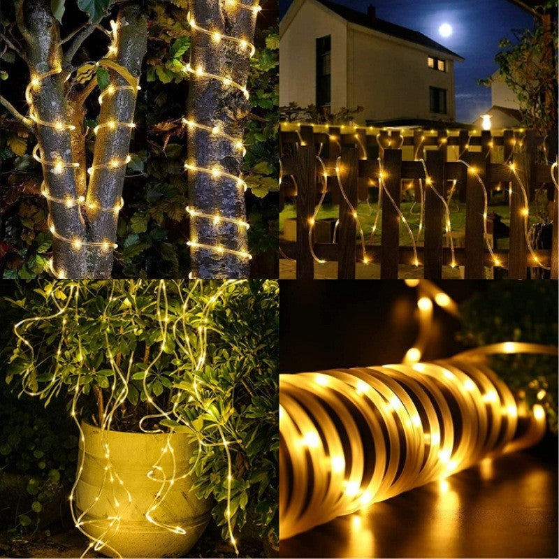 Instalație de Crăciun Solara, tip furtun luminos, 12 m, 100 LED-uri, 8 jocuri de lumini, Lumina Alb Cald