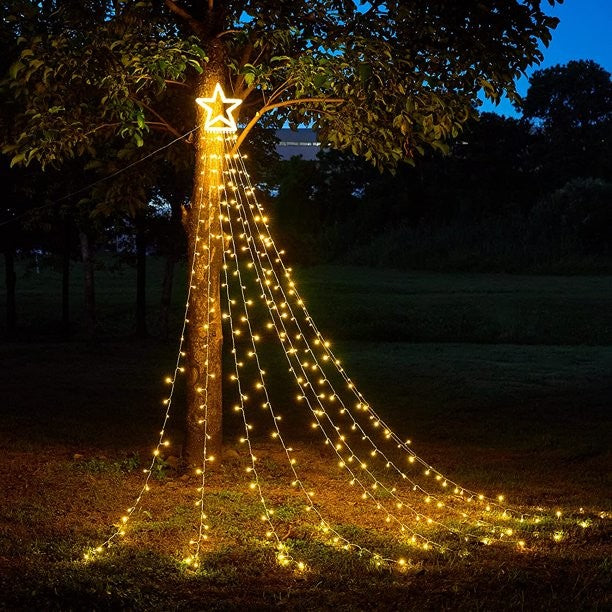 Instalație de Crăciun Solara tip plasa, cu stea luminoasa, 350 LED-uri, Lumina Alb Cald