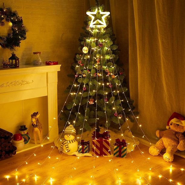 Instalație de Crăciun Solara tip plasa, cu stea luminoasa, 350 LED-uri, Lumina Alb Cald