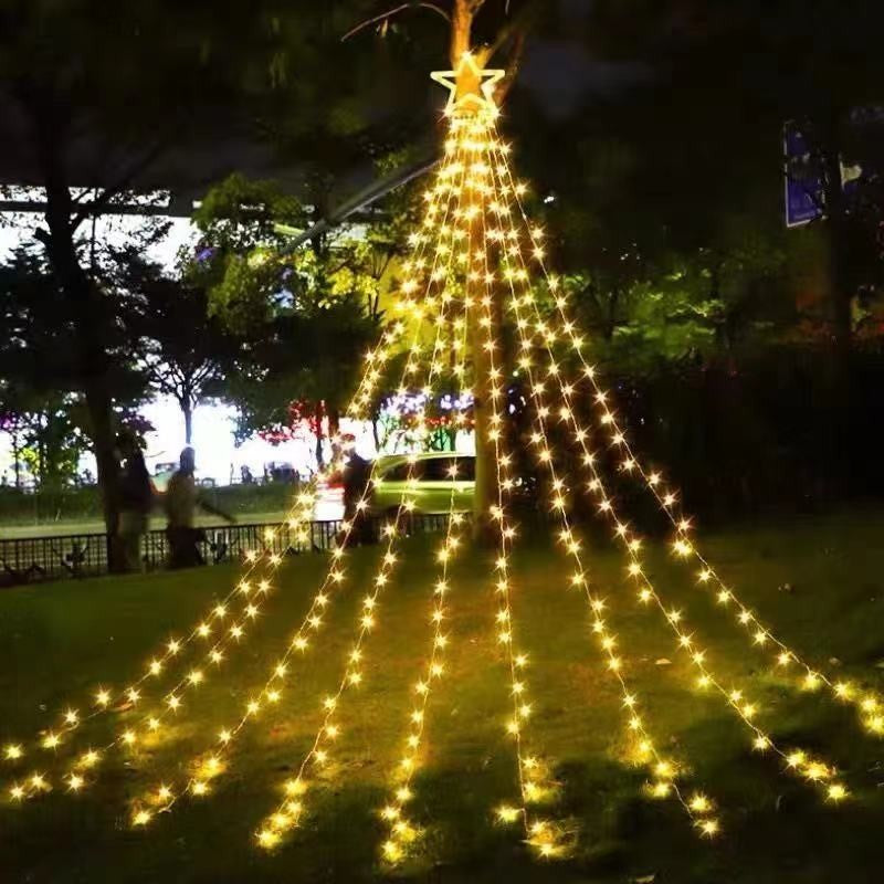 Instalație de Crăciun Solara tip plasa, cu stea luminoasa, 350 LED-uri, Lumina Alb Cald