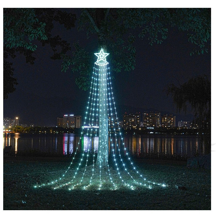 Instalație de Crăciun Solara tip plasa, cu stea luminoasa, 350 LED-uri, Lumina Alb Rece
