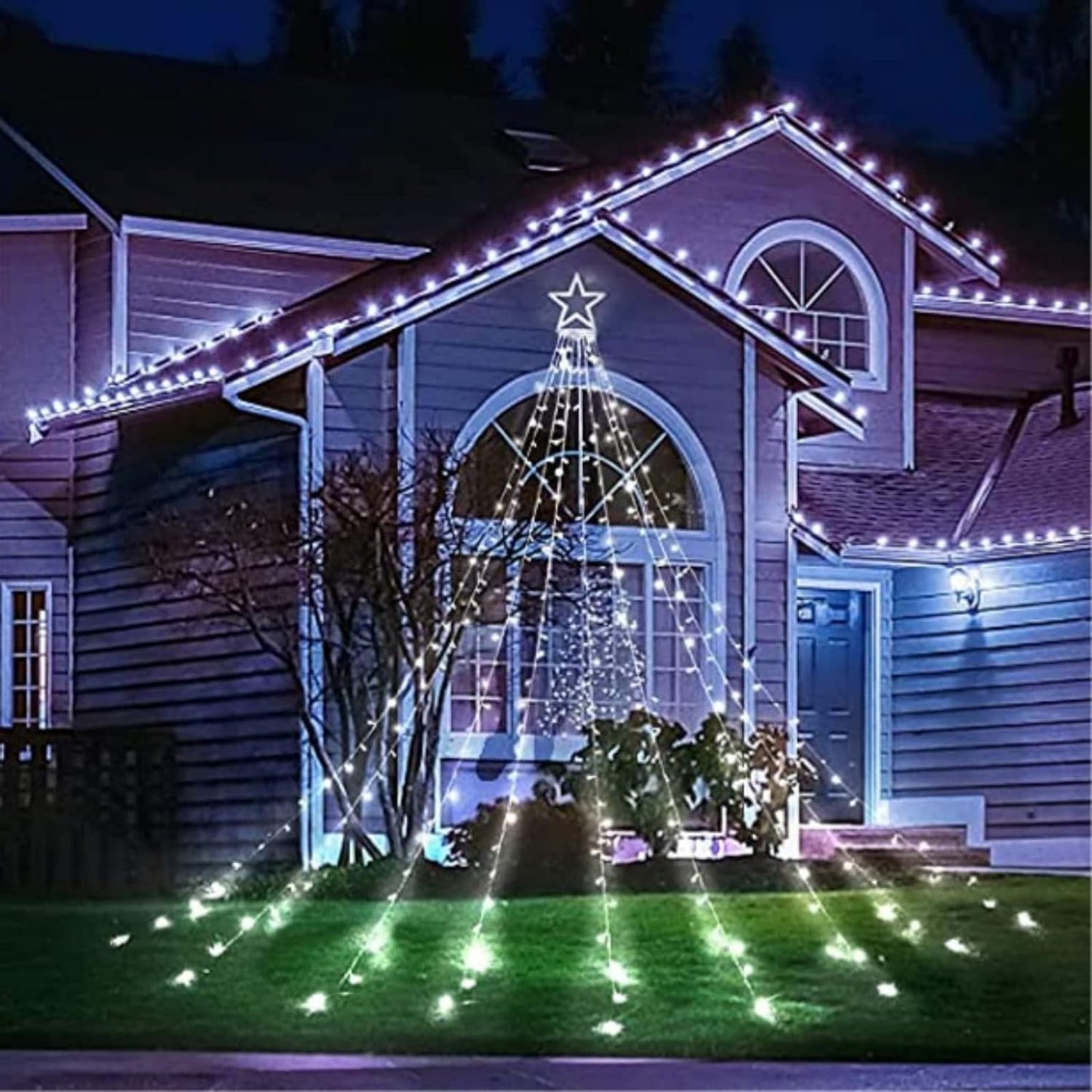 Instalație de Crăciun Solara tip plasa, cu stea luminoasa, 350 LED-uri, Lumina Alb Rece