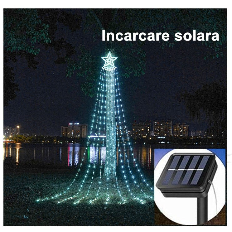 Instalație de Crăciun Solara tip plasa, cu stea luminoasa, 350 LED-uri, Lumina Alb Rece