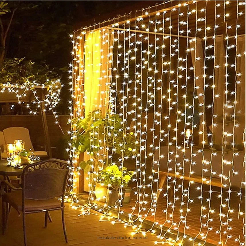 Instaltie de Crăciun tip Perdea, 3m x 2m , 240 LED, 8 jocuri de lumini,INTERCONECTABILA, Lumina Alb Cald