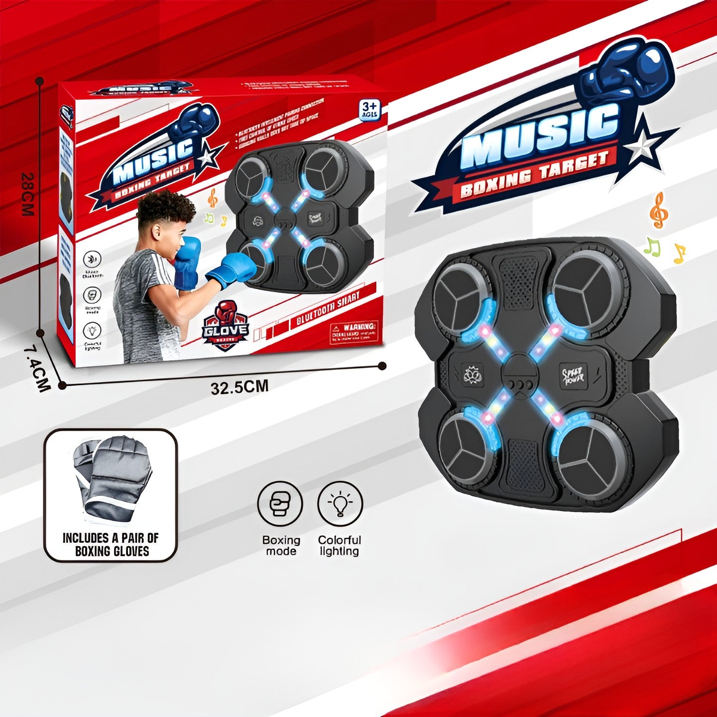 Jucărie de Boxat 4 TINTE cu Muzica si Lumini, Bluetooth, încărcare usb, 32x28x7cm 930 grame - MANUSI INCLUSE
