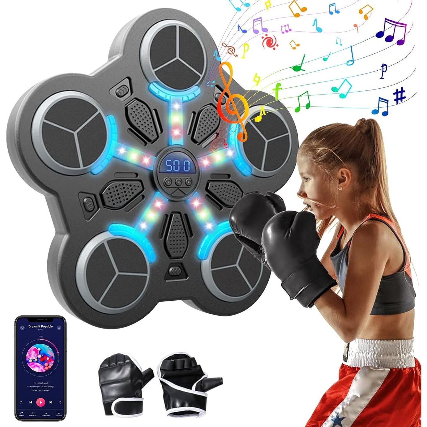 Jucărie de Boxat 5 TINTE cu Muzica si Lumini, Bluetooth, încărcare usb, 32x33x4.5cm 930 grame - MANUSI INCLUSE