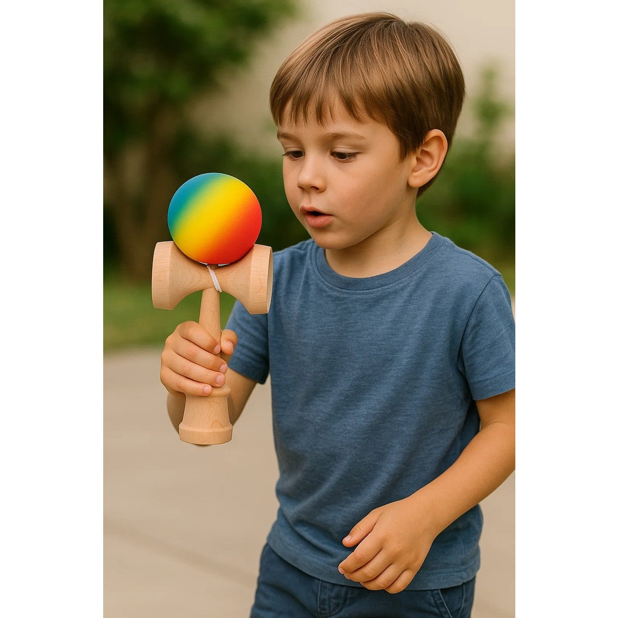 Jucărie KENDAMA din Lemn, 18 cm Gradient Roșu-Galben-Albastru