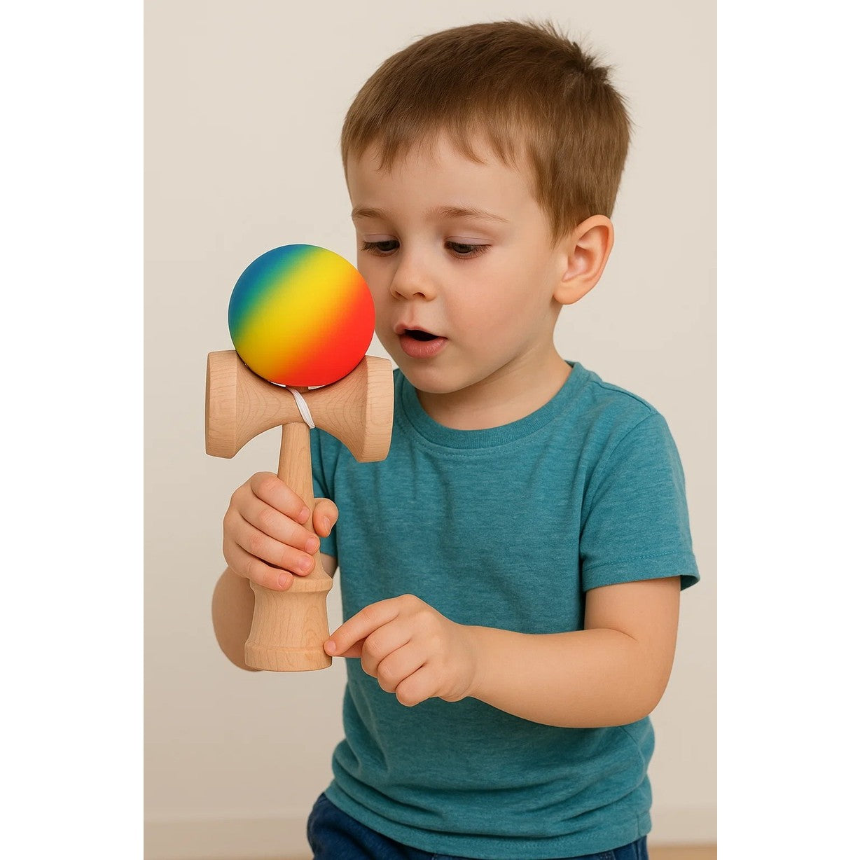 Jucărie KENDAMA din Lemn, 18 cm Gradient Roșu-Galben-Albastru