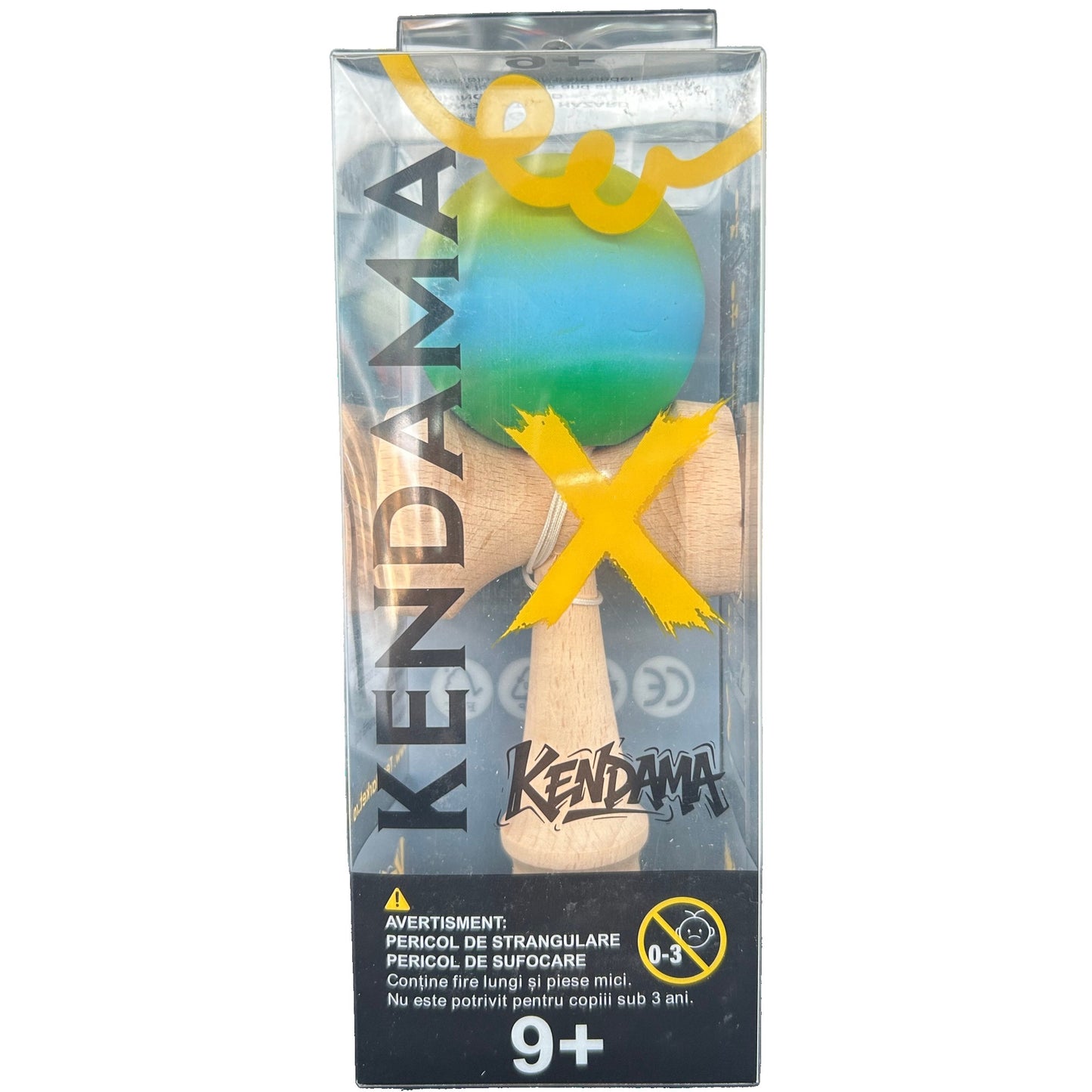 Jucărie KENDAMA din Lemn, 18 cm Gradient Galben-Albastru-Verde