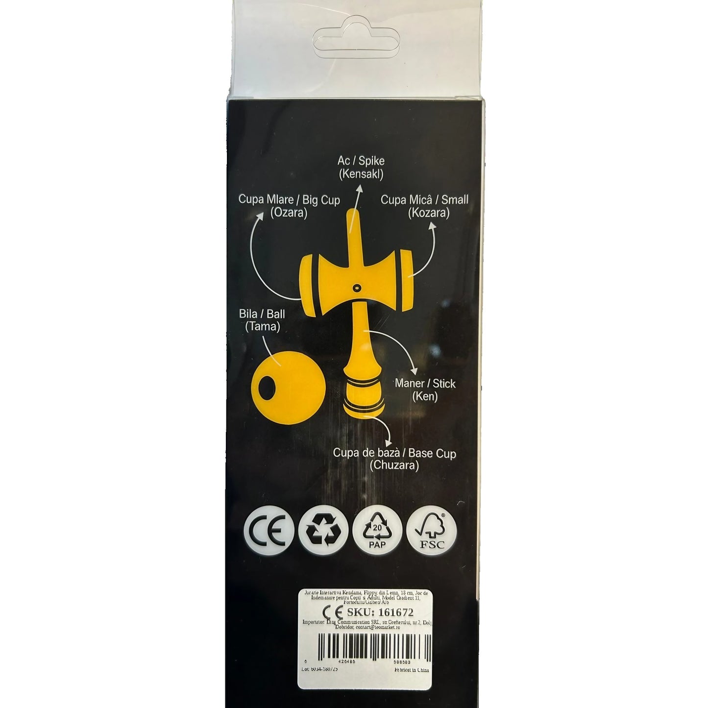 Jucărie KENDAMA din Lemn, 18 cm Gradient Alb-Nreu (Bila Cauciuc)