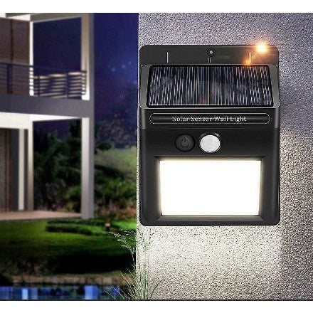 Lampa cu incarcare solara si senzor de miscare pentru exterior, 64 LED cu distanta de inductie, montaj pe perete, fara cabluri