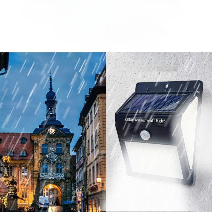 Lampa cu incarcare solara si senzor de miscare pentru exterior, 64 LED cu distanta de inductie, montaj pe perete, fara cabluri