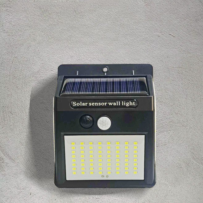 Lampa cu incarcare solara si senzor de miscare pentru exterior, 64 LED cu distanta de inductie, montaj pe perete, fara cabluri