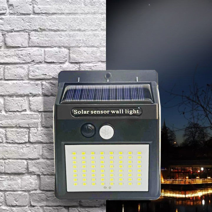 Lampa cu incarcare solara si senzor de miscare pentru exterior, 64 LED cu distanta de inductie, montaj pe perete, fara cabluri