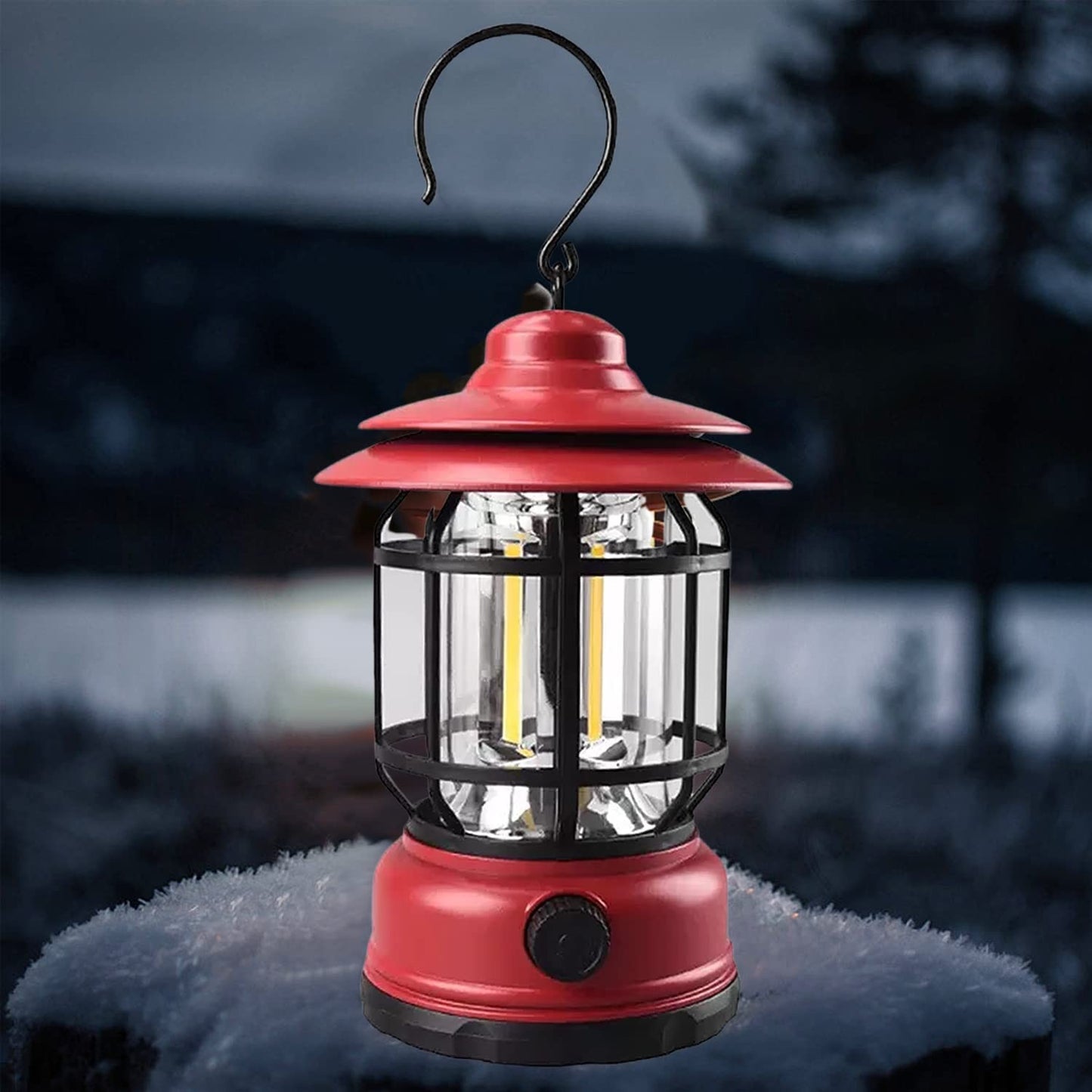 Lampa portabila camping, Felinar Vintage cu carlig, ABS, Iluminare 21 COB LED, Intensitate reglabila, 5W