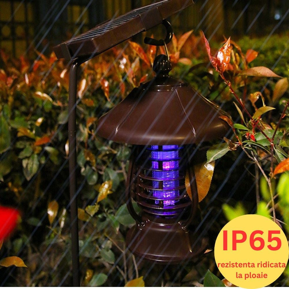 🌞 Lampa Solară Anti-Insecte MaisonElise, 2 Moduri, UV LED, Autonomie 8h, IP65, 5W, 30 x 19.5 cm, Maro, Protecție 380V Electric Shock