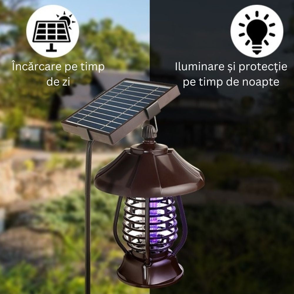 🌞 Lampa Solară Anti-Insecte MaisonElise, 2 Moduri, UV LED, Autonomie 8h, IP65, 5W, 30 x 19.5 cm, Maro, Protecție 380V Electric Shock