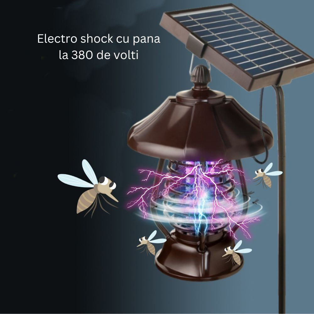 🌞 Lampa Solară Anti-Insecte MaisonElise, 2 Moduri, UV LED, Autonomie 8h, IP65, 5W, 30 x 19.5 cm, Maro, Protecție 380V Electric Shock