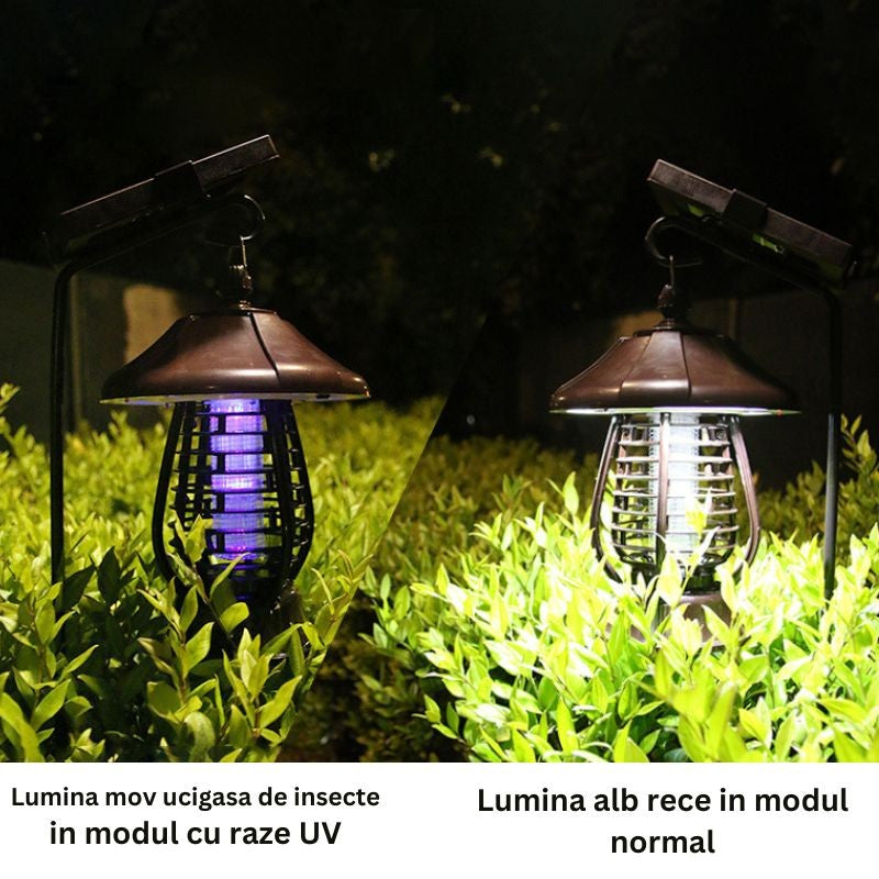 🌞 Lampa Solară Anti-Insecte MaisonElise, 2 Moduri, UV LED, Autonomie 8h, IP65, 5W, 30 x 19.5 cm, Maro, Protecție 380V Electric Shock