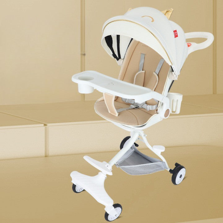 Cărucior sport 3in1, 6-36 luni , reversibil, pliabil, tăviță pentru masa, roti 360 si parasolar-Model Pisica-Alb