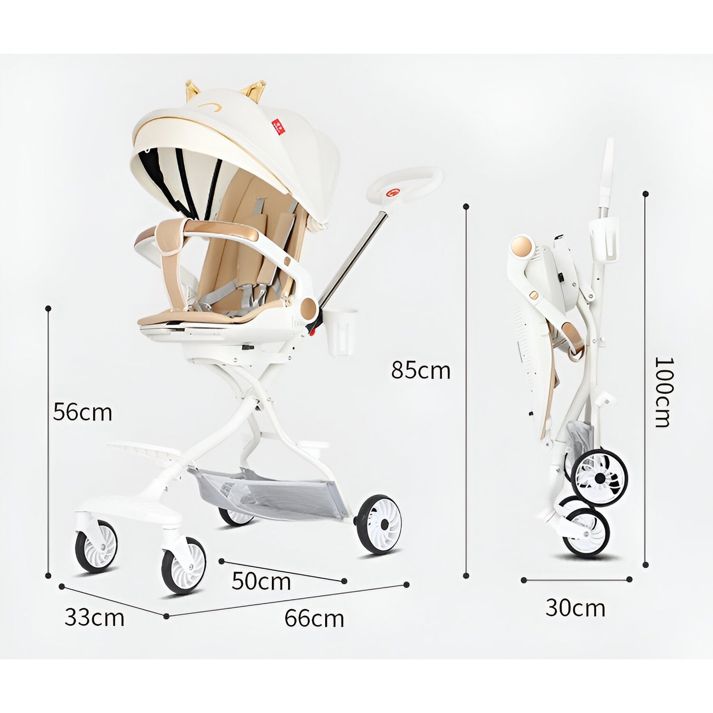 Cărucior sport 3in1, 6-36 luni , reversibil, pliabil, tăviță pentru masa, roti 360 si parasolar-Model Pisica-Alb