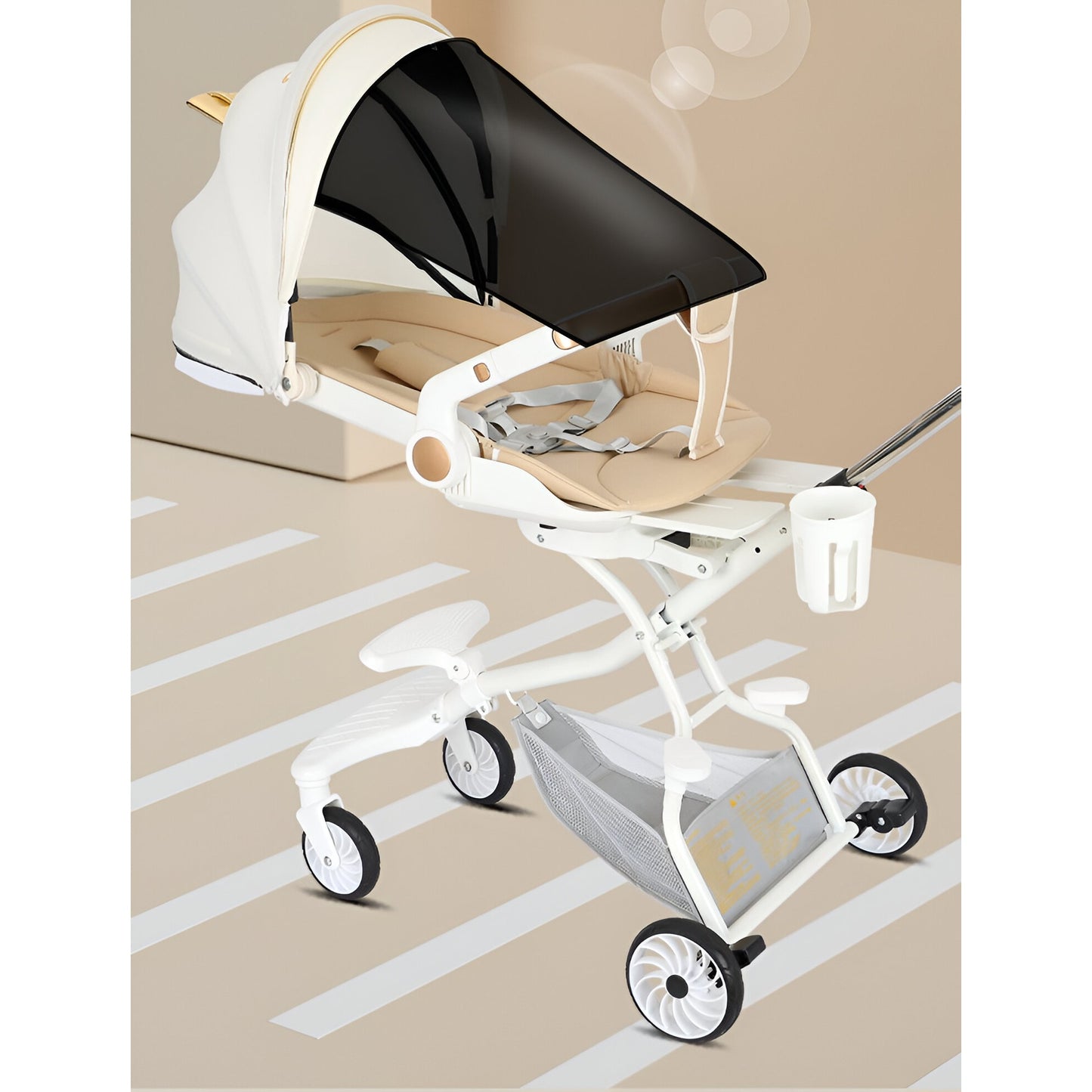 Cărucior sport 3in1, 6-36 luni , reversibil, pliabil, tăviță pentru masa, roti 360 si parasolar-Model Pisica-Alb