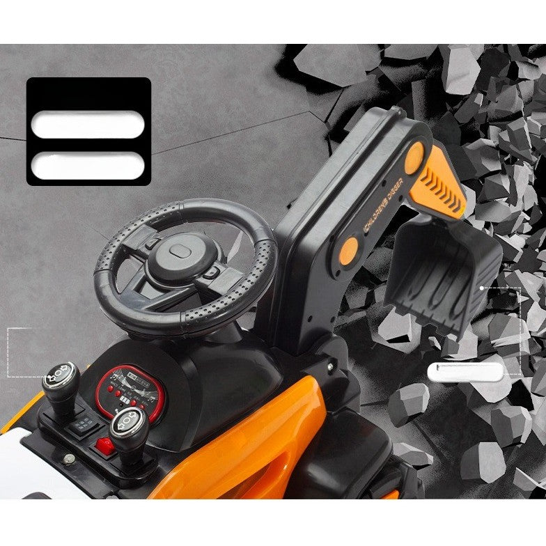 Masinuta Electrica, Tip Excavator, Brat Electric cu Maneta de Control, Spatar si Bare Laterale, Sistem Muzica si Lumini, 1-8 Ani, 72 x 36 x 50 cm, Portocaliu