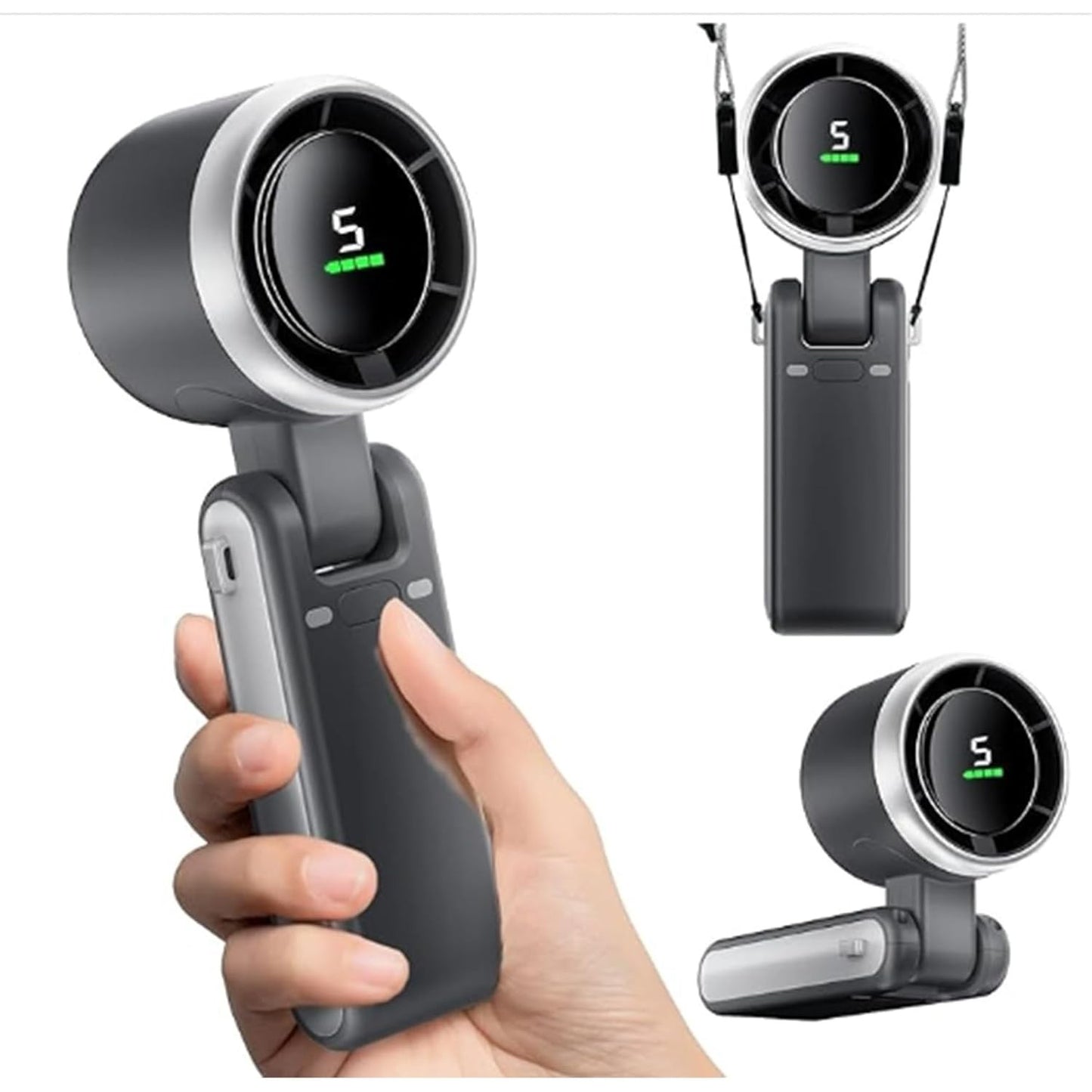 Mini Ventilator Portabil Maison Elise – 5 Trepte de Viteză, Afișaj Digital, Încărcare USB-C, Ultra Silențios, 180° Reglabil, 200g – Negru, Alb sau Verde