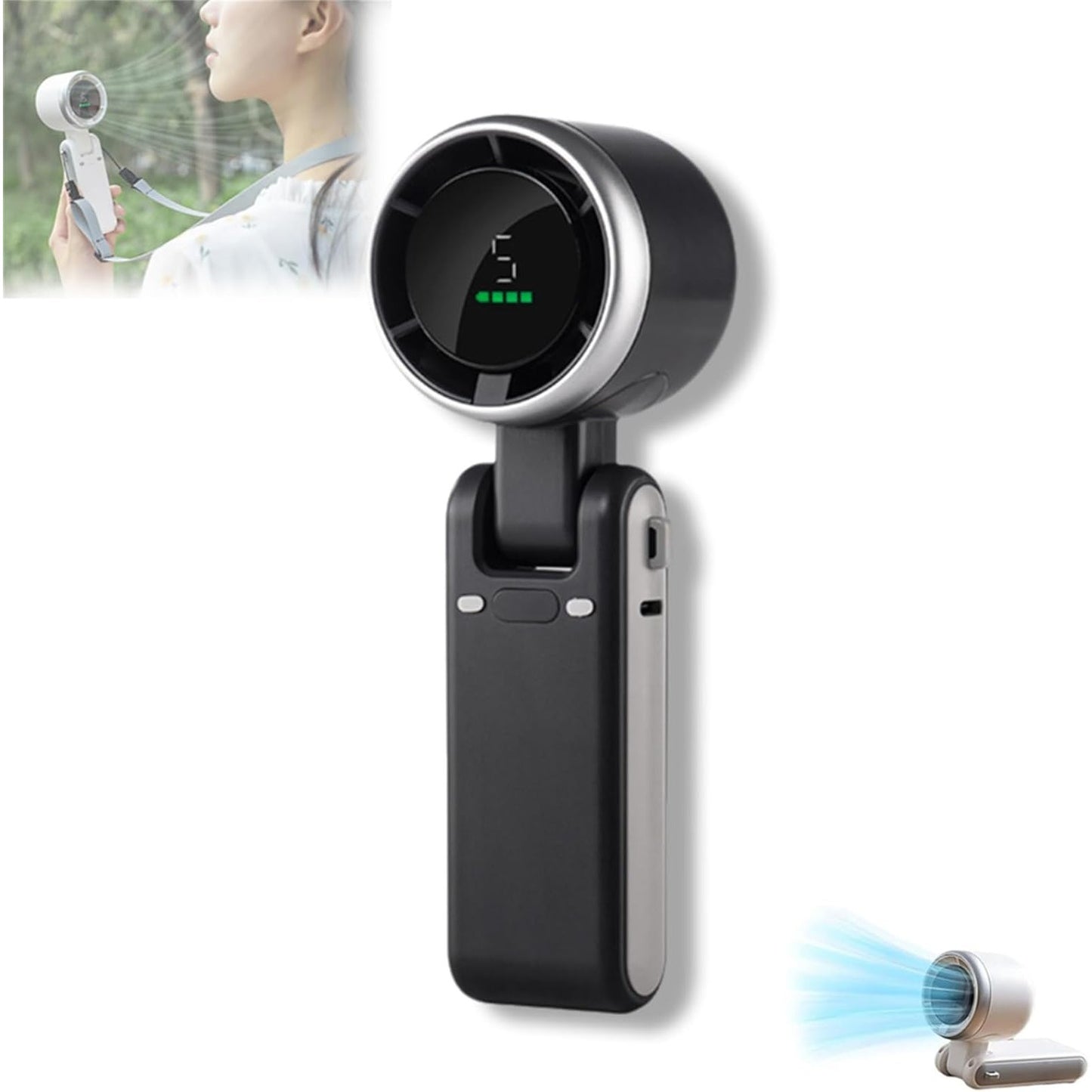 Mini Ventilator Portabil Maison Elise – 5 Trepte de Viteză, Afișaj Digital, Încărcare USB-C, Ultra Silențios, 180° Reglabil, 200g – Negru, Alb sau Verde
