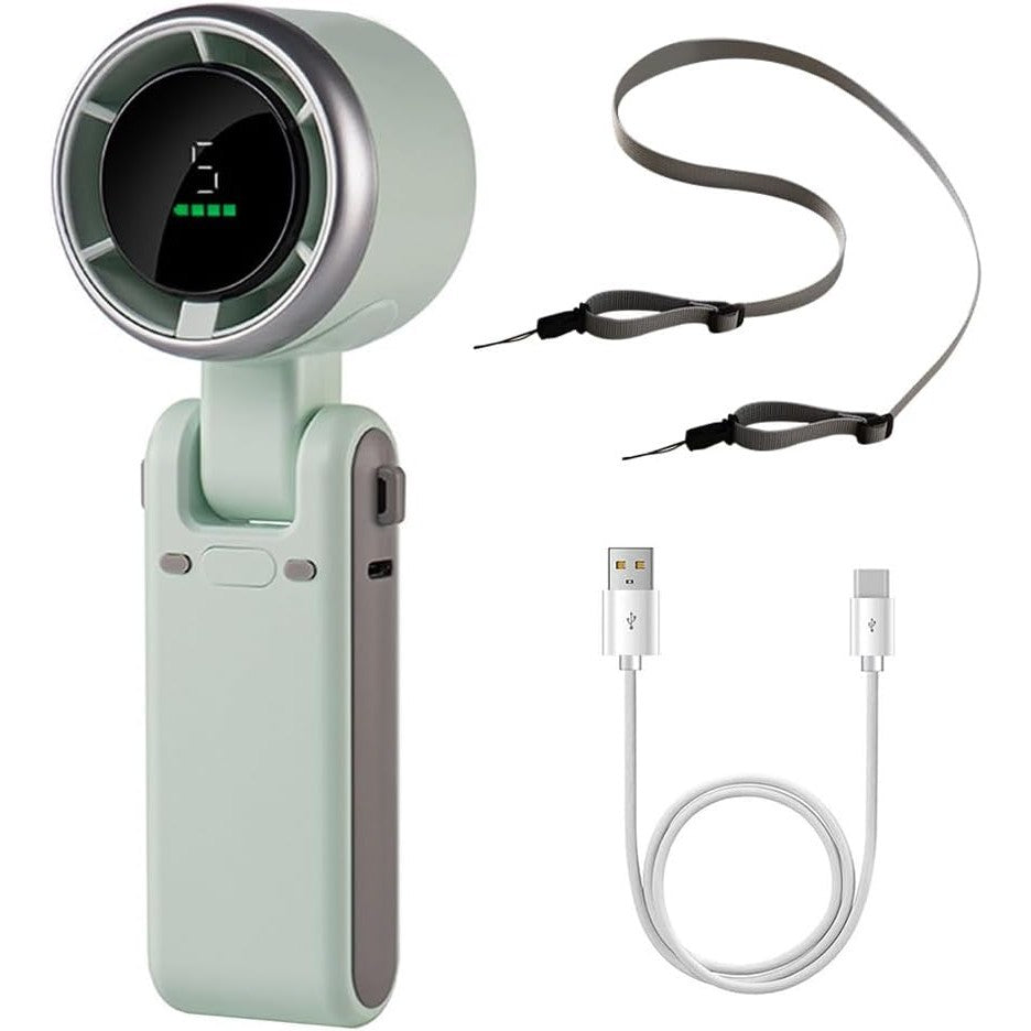 Mini Ventilator Portabil Maison Elise – 5 Trepte de Viteză, Afișaj Digital, Încărcare USB-C, Ultra Silențios, 180° Reglabil, 200g – Negru, Alb sau Verde